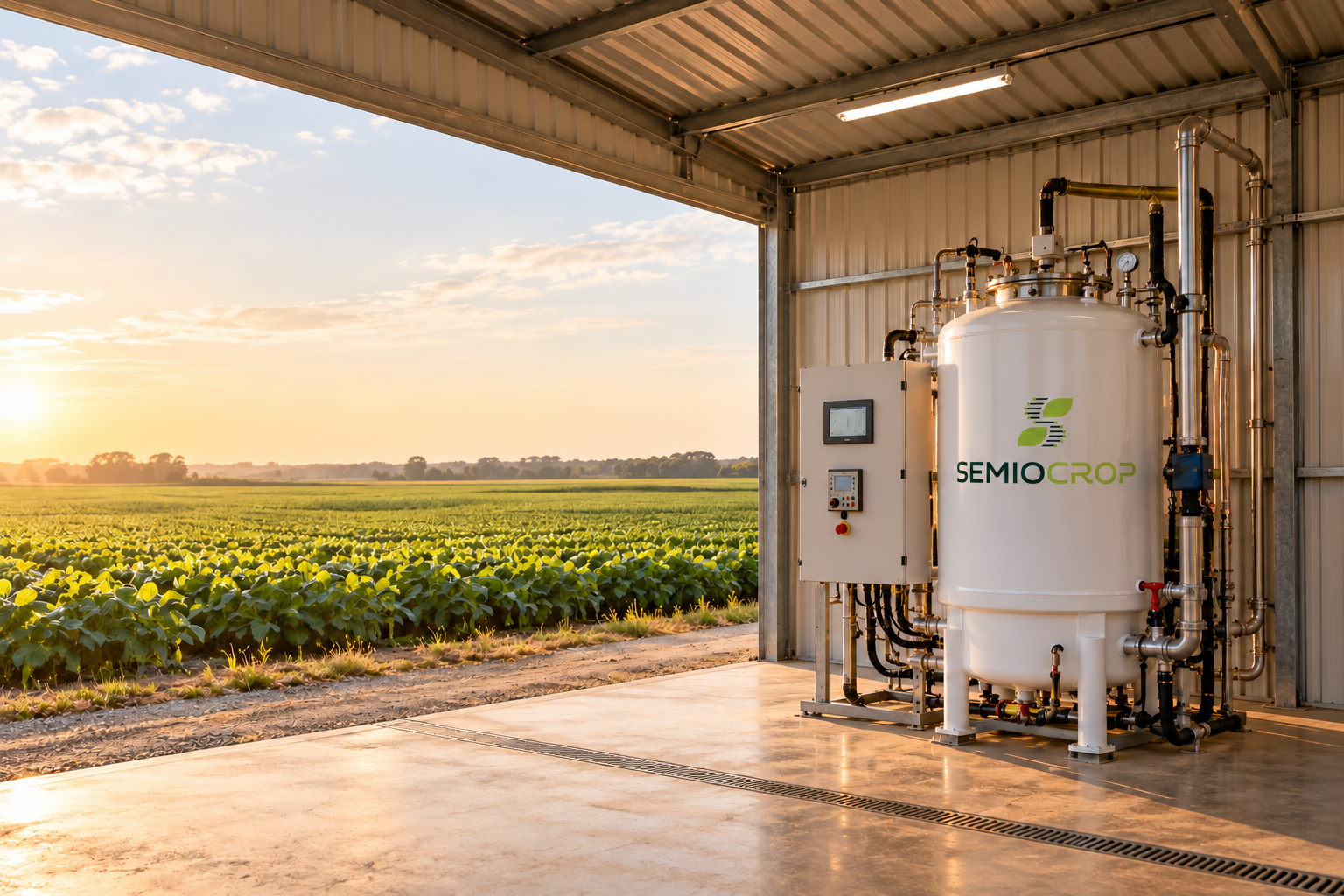 Biofábrica on farm com um biorreator em galpão compacto e lavoura de soja vista pela lateral aberta
