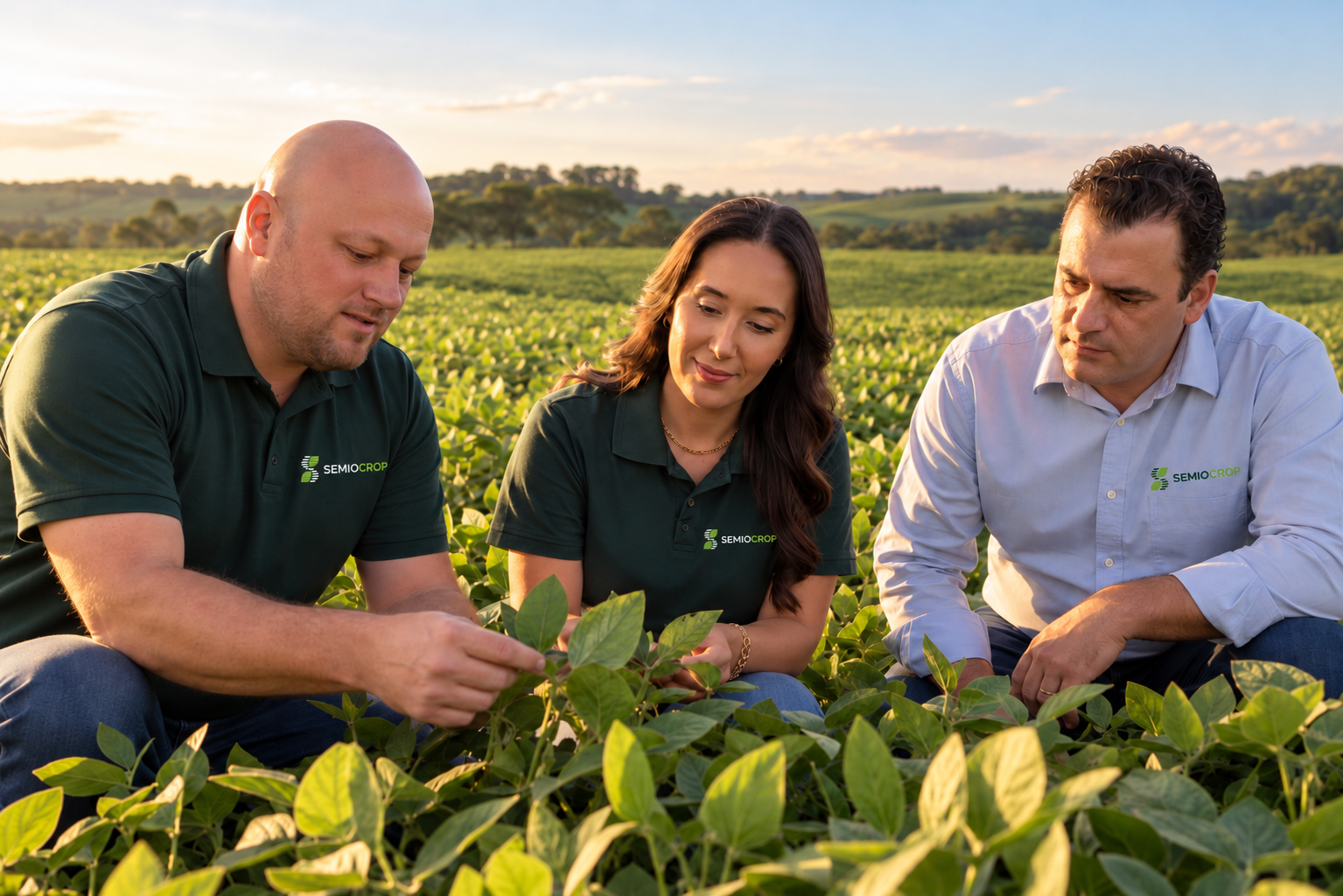 Equipe da Semiocrop observando plantas em uma lavoura de soja